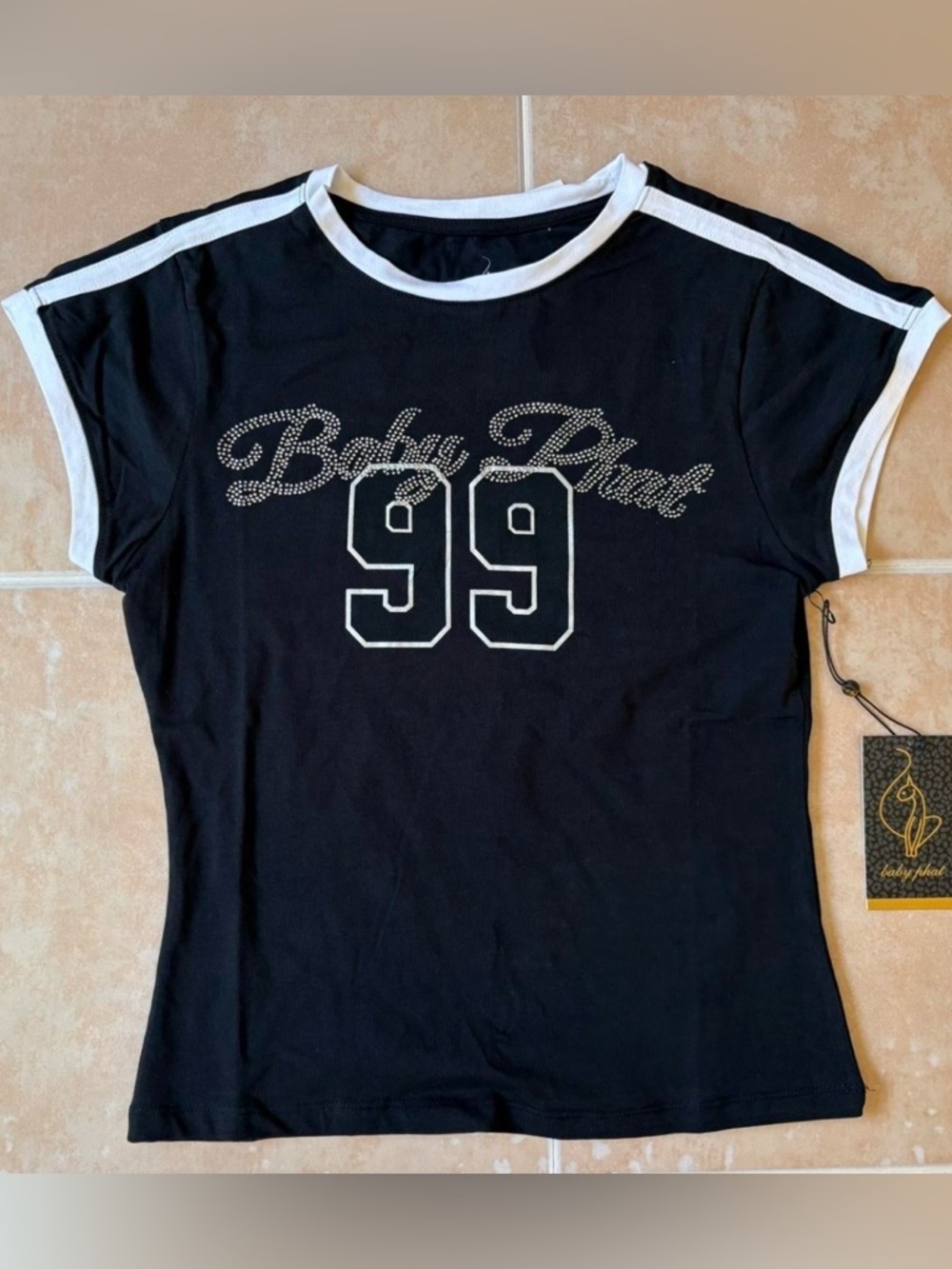 Baby Phat Black Short Sleeve Tee White Trim Crystal Cat Accent Juniors Large